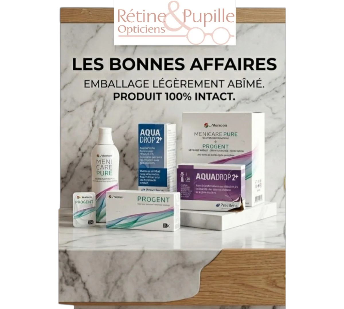 Collection 'Les Bonnes Affaires' chez RP Opticiens : sélection de produits d'entretien pour lentilles de contact et gouttes oculaires à prix réduits.