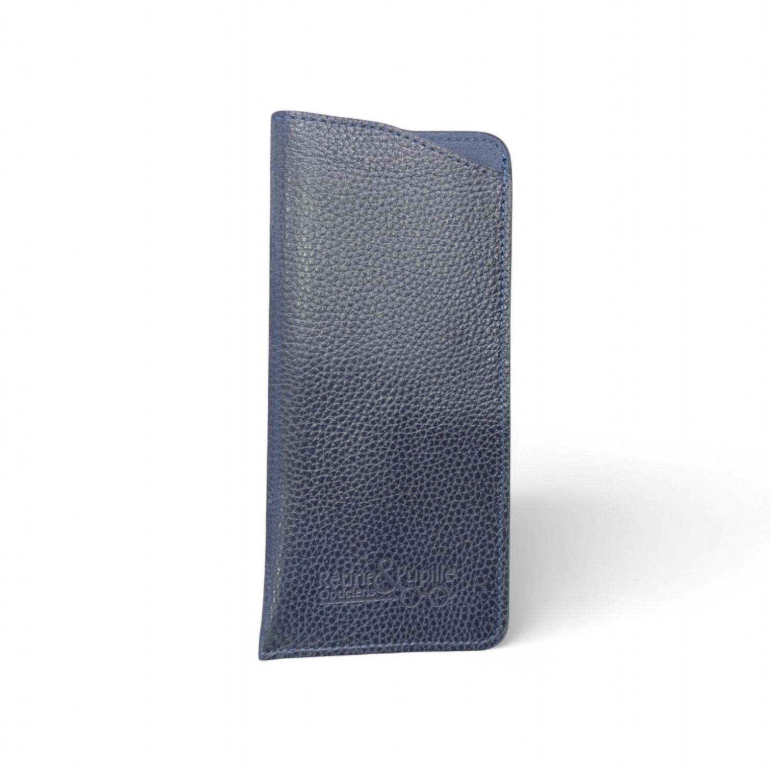 Étui à lunettes en cuir grainé bleu marine – Rétine & Pupille Opticiens