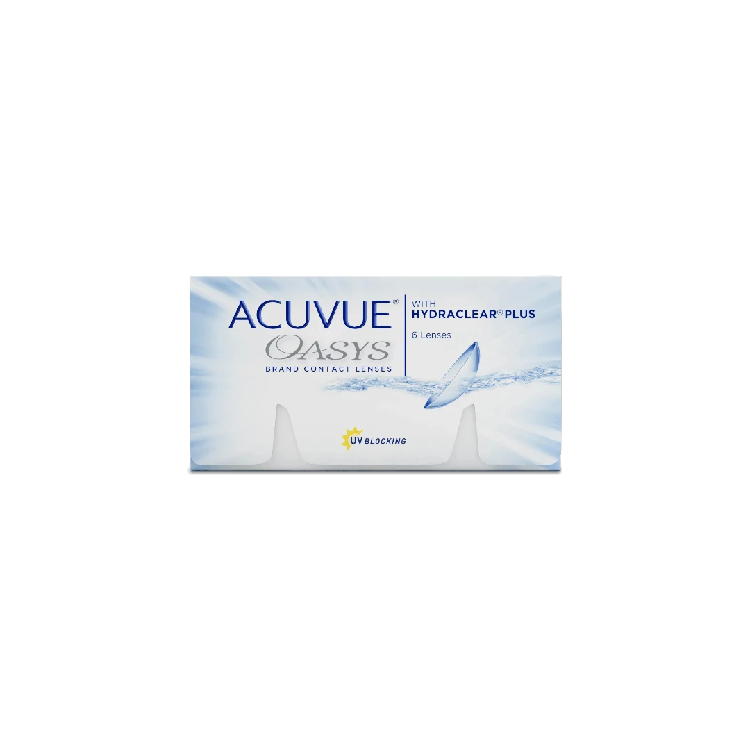 Boîte de lentilles de contact Acuvue Oasys bimensuelles (2 semaines) par Johnson & Johnson, technologie Hydraclear Plus.
