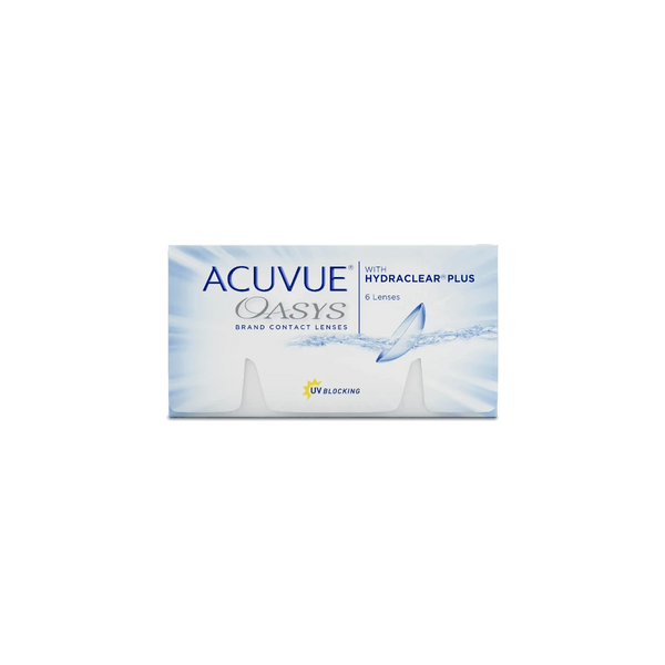 Boîte de lentilles de contact Acuvue Oasys bimensuelles (2 semaines) par Johnson & Johnson, technologie Hydraclear Plus.