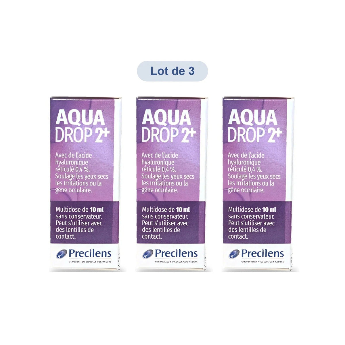 Lot de 3 flacons de gouttes de confort Precilens AquaDrop 2+ 10 ml