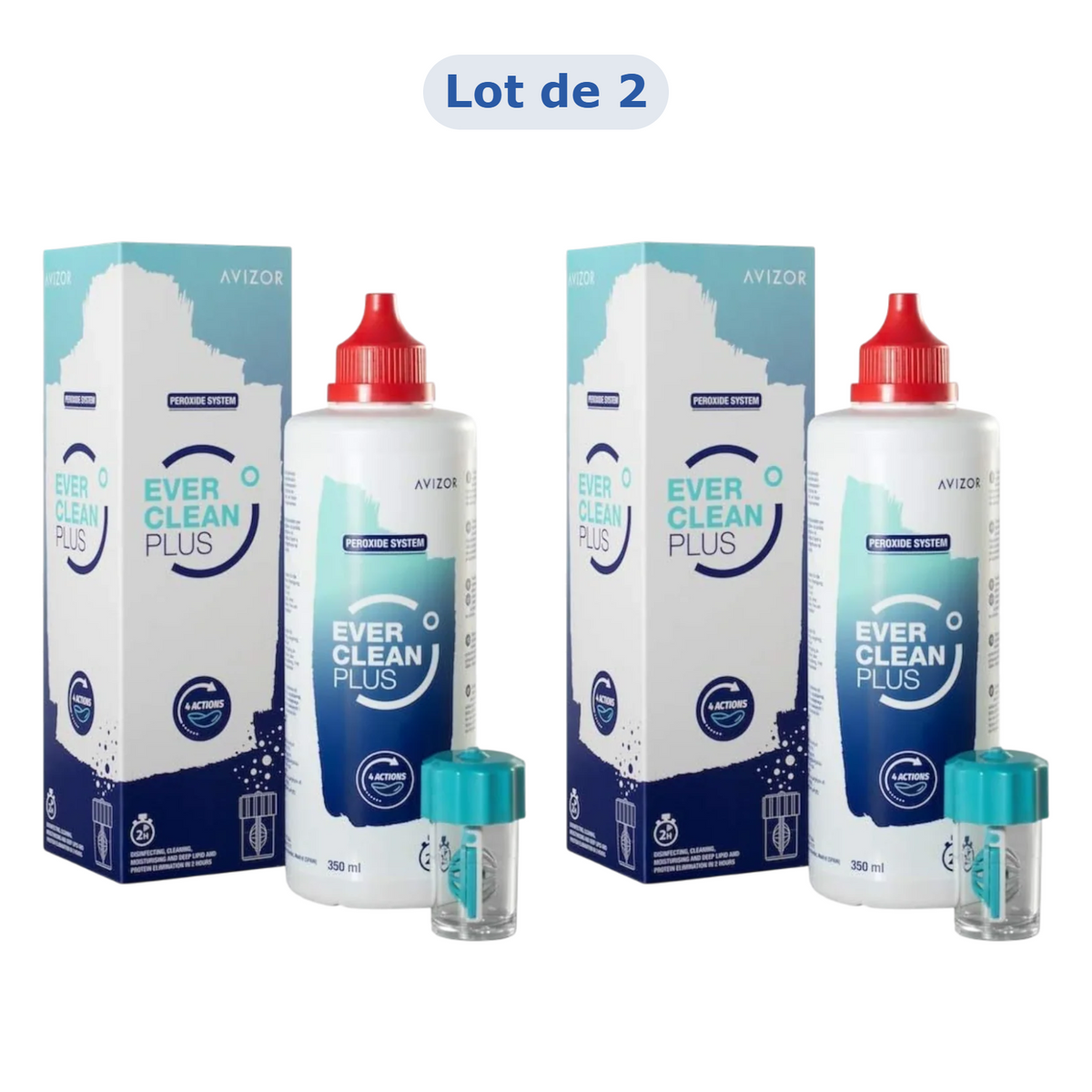 Lot de 2 flacons Avizor Ever Clean Plus 350 ml, solution pour lentilles souples, rigides et orthokératologie