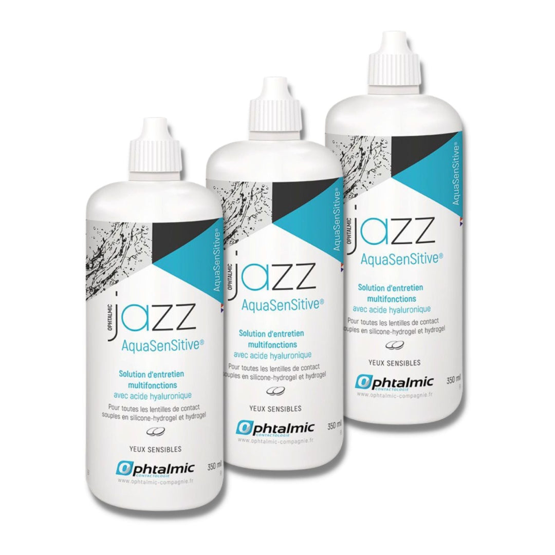 Flacons de solution lentilles OPHTALMIC Jazz Aqua Sensitive avec formule hydratante SANS FROTTAGE (No Rub).