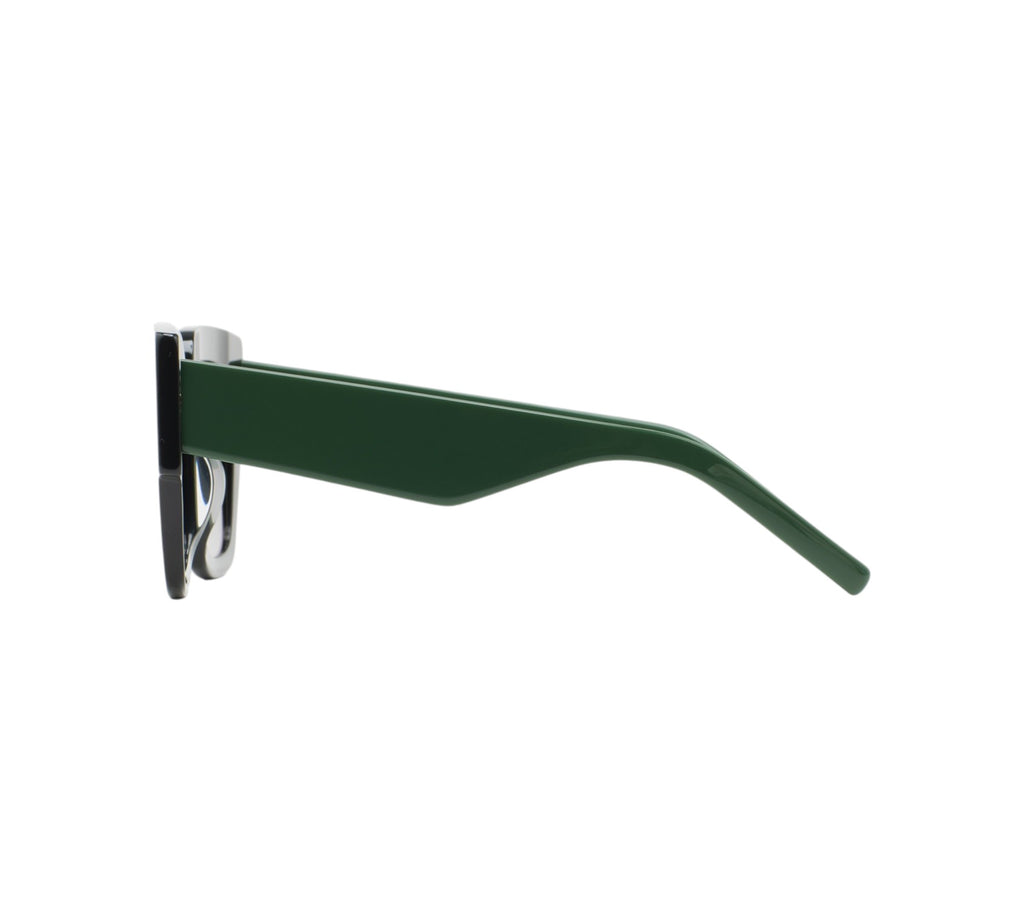 Branches en acétate vert des lunettes Kaleos Novak avec charnières robustes.