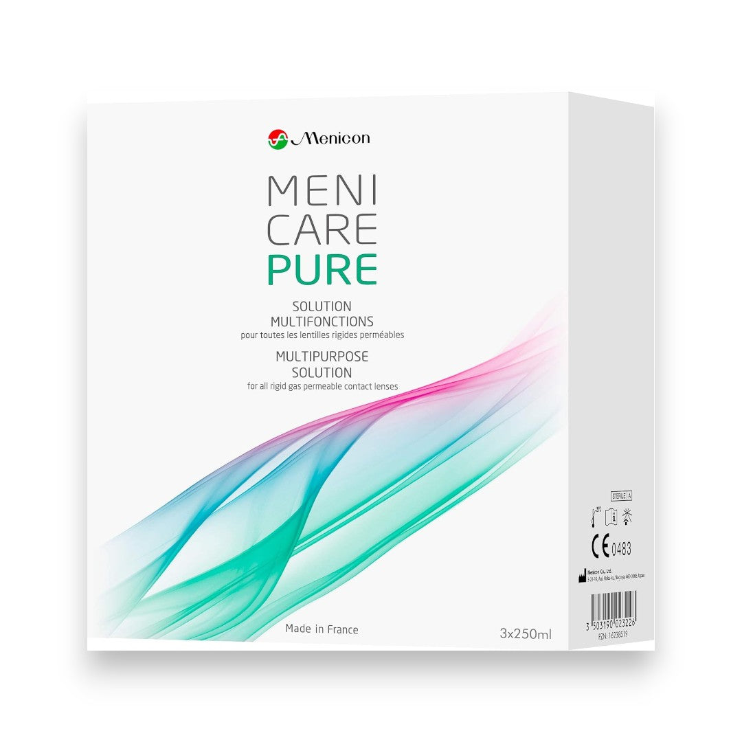Solution d'entretien Menicon MeniCare Pure (Pack 3x250ml) pour lentilles rigides et lentilles d'Orthokératologie.