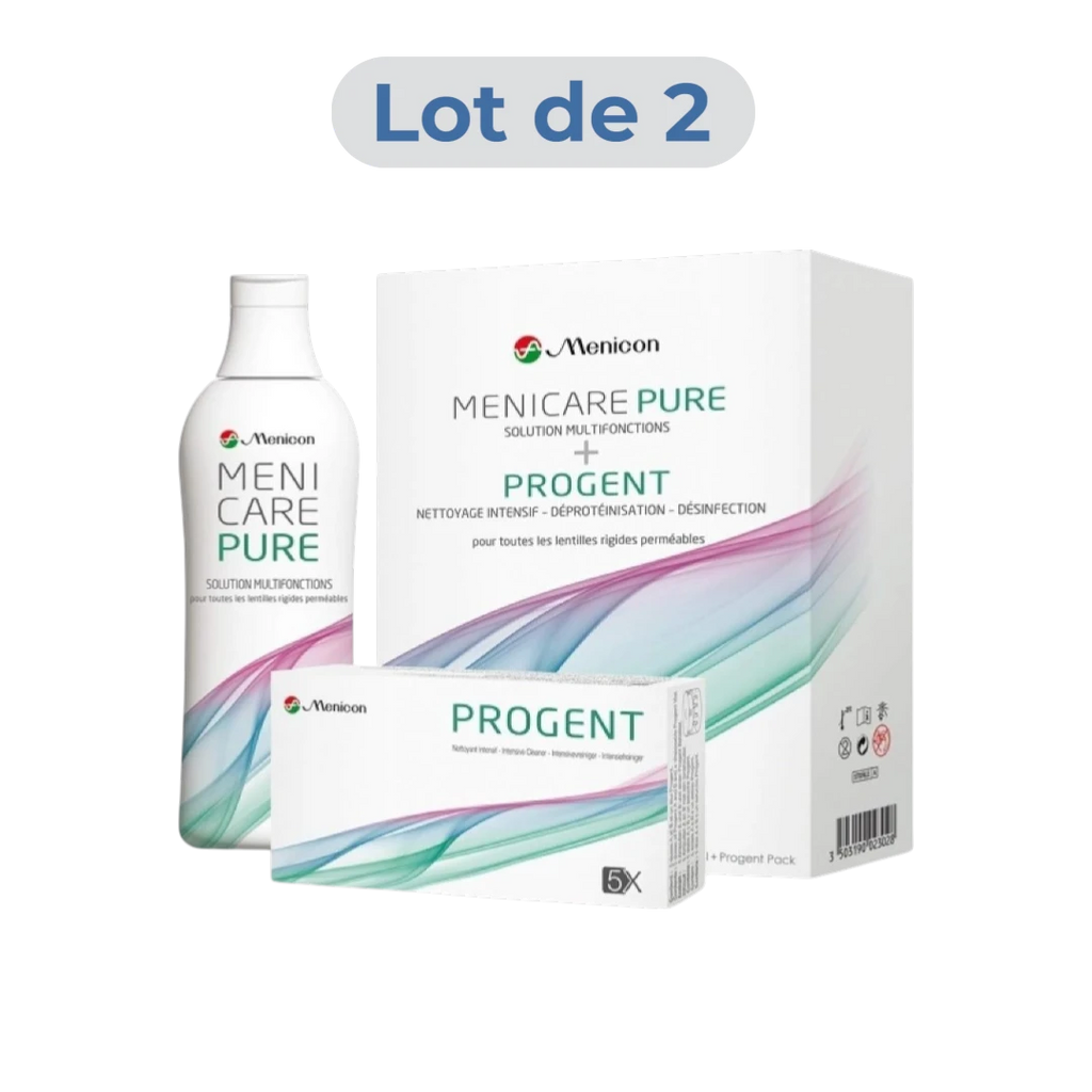 Système d'entretien complet Menicon : MeniCare Pure + Progent (Pack 1+1)