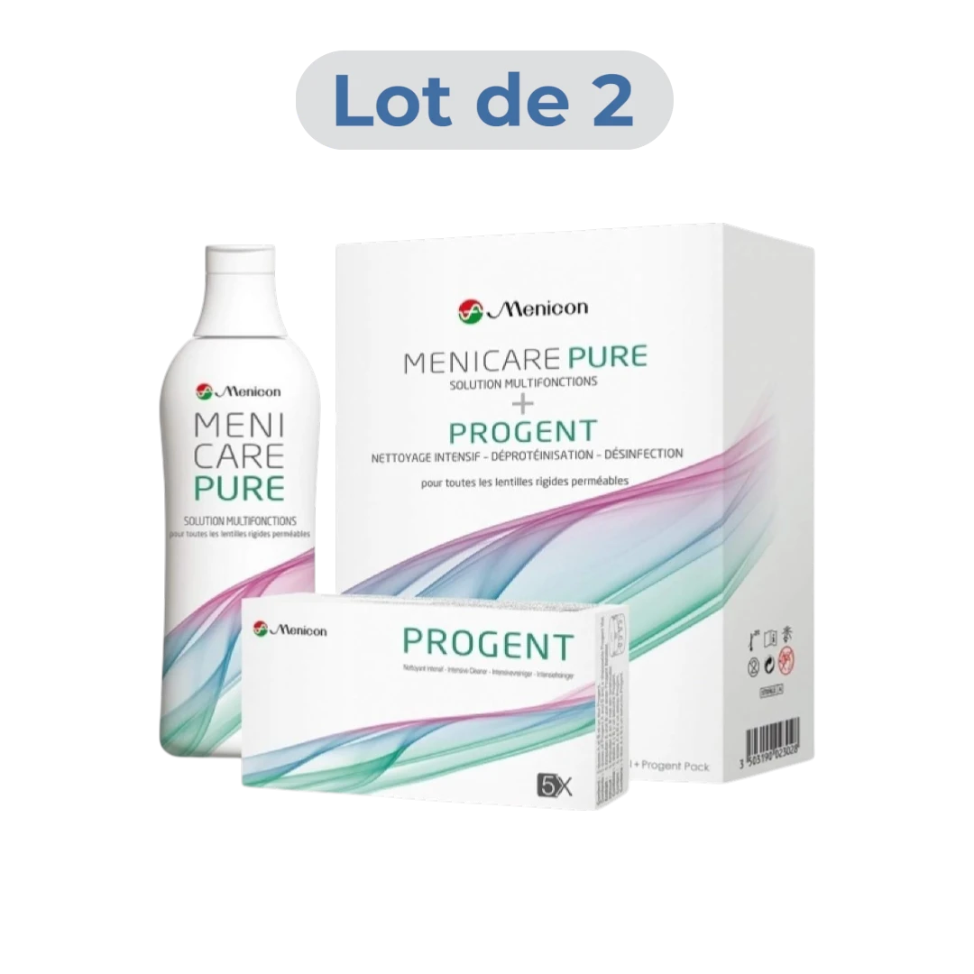 Système d'entretien complet Menicon : MeniCare Pure + Progent (Pack 1+1)