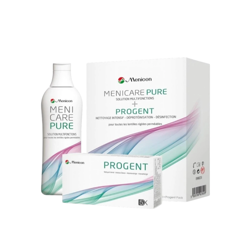 Système d'entretien complet Menicon : MeniCare Pure + Progent (Pack 1+1)