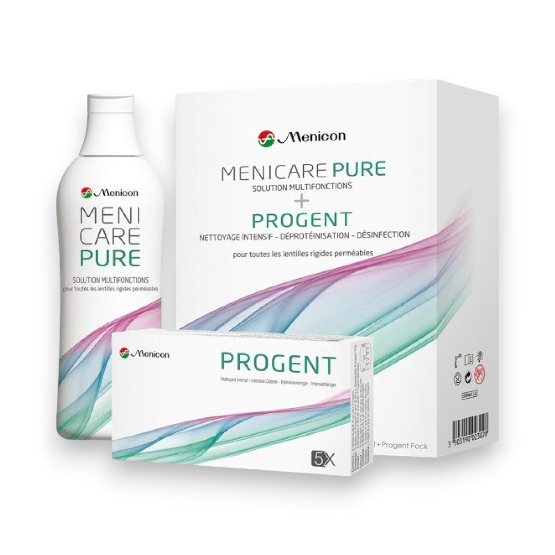 Boîte du pack d'entretien Menicon 1+1 (MeniCare Pure et Progent) pour lentilles rigides et Orthokératologie.