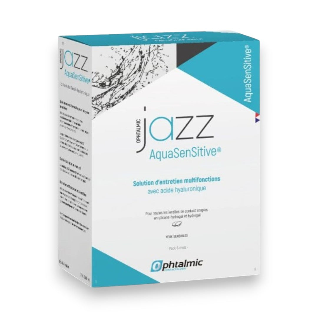 Solution d'entretien OPHTALMIC Jazz Aqua Sensitive Tripack 3x350ml pour lentilles souples et yeux sensibles.