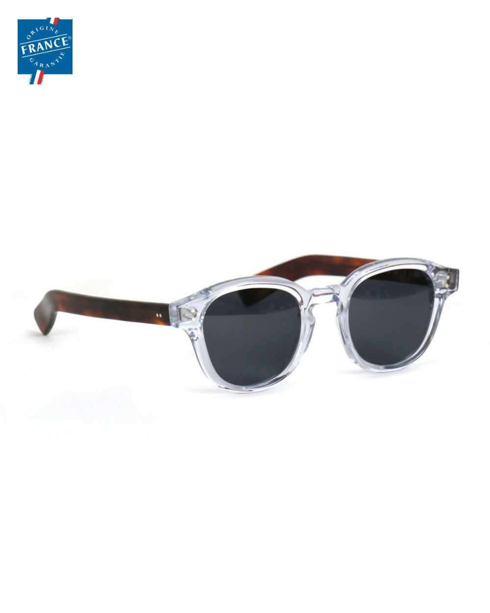 Lunettes de soleil Marmillon PO.60 Cristal, branche caramel, vue de côté - Origine France Garantie