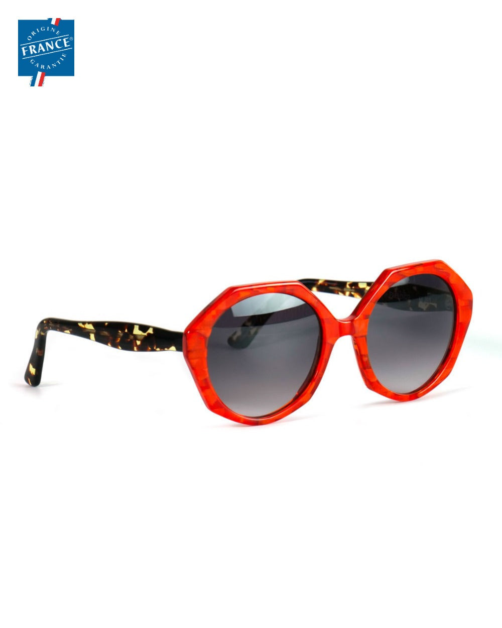 Lunettes de soleil Marmillon FMS.0622 Camaïeux rouge, branche écaille, vue de côté - Origine France Garantie