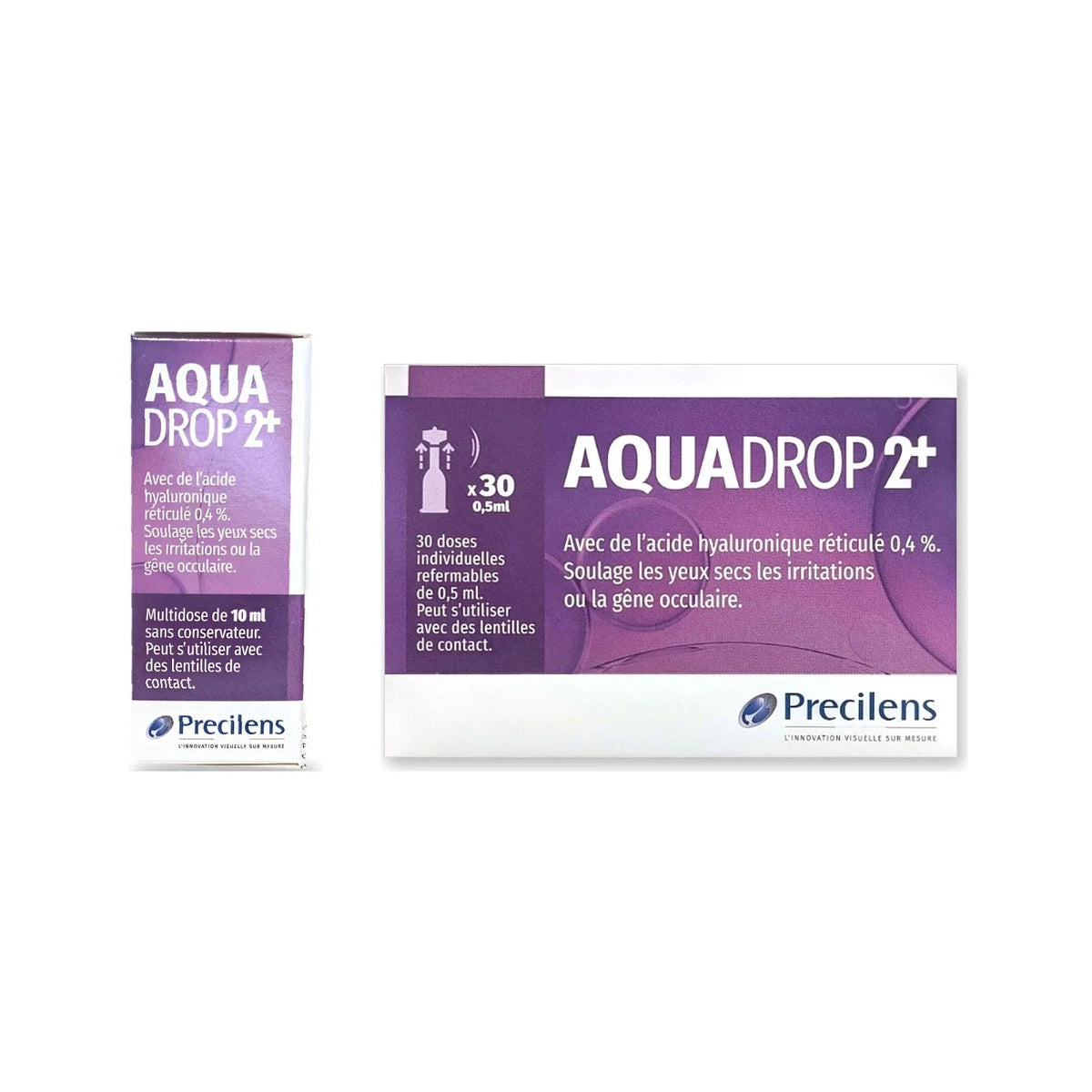 Pack yeux secs Precilens : AquaDrop 2+ unidoses 30 x 0,5 ml et flacon 10 ml