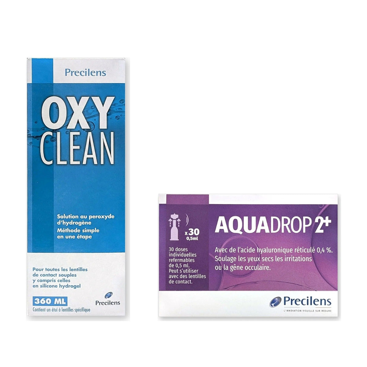 Pack Precilens : Oxyclean 360 ml et AquaDrop 2+ unidoses 30 x 0,5 ml