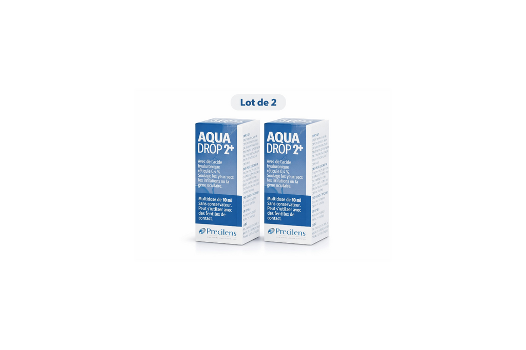 Pack de 2 flacons de gouttes hydratantes Aquadrop 2+ Precilens (10ml) pour le confort des yeux et lentilles.