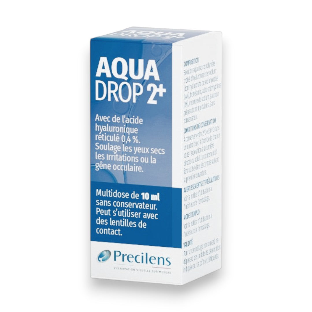 Flacon de Gouttes de confort Precilens AquaDrop 2+ 10ml. Solution hydratante sans conservateur pour yeux secs, lentilles souples, rigides et d'Orthokératologie.