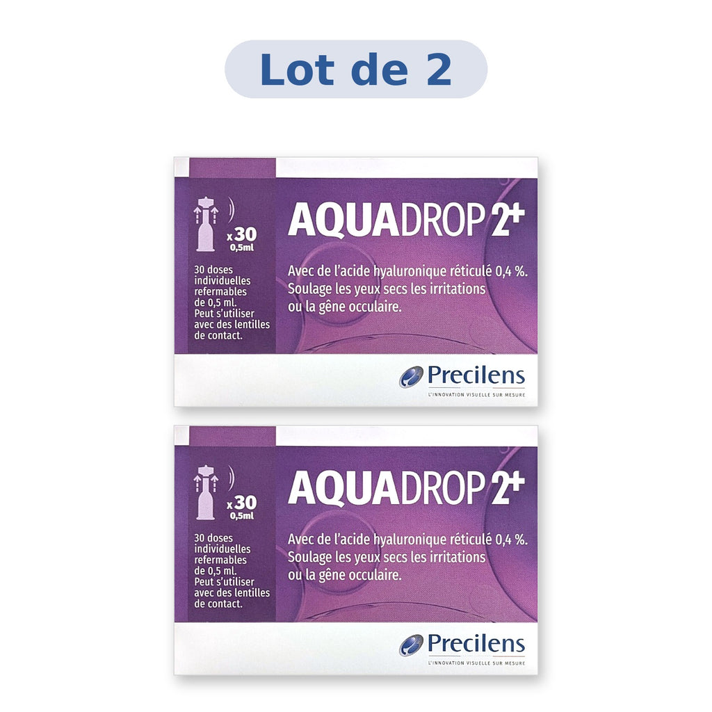 Lot de 2 boîtes Precilens Aquadrop 2+ gouttes oculaires unidoses, 30 doses de 0,5 ml