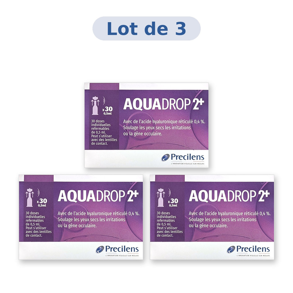 Lot de 3 boîtes Precilens Aquadrop 2+ gouttes oculaires unidoses, 30 doses de 0,5 ml