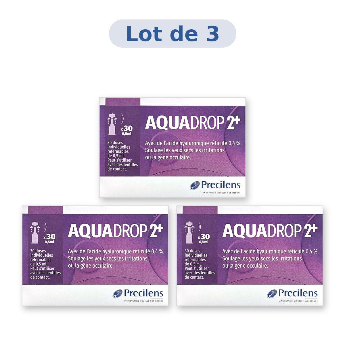 Lot de 3 boîtes Precilens Aquadrop 2+ gouttes oculaires unidoses, 30 doses de 0,5 ml