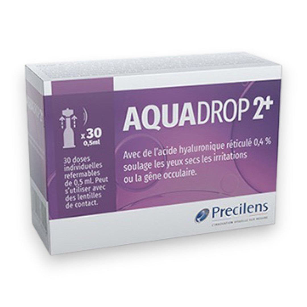Boîte de Gouttes de confort Precilens AquaDrop 2+ en Unidoses 30x0,5ml. Sans conservateur, pour tous types de lentilles, y compris l'Orthokératologie.