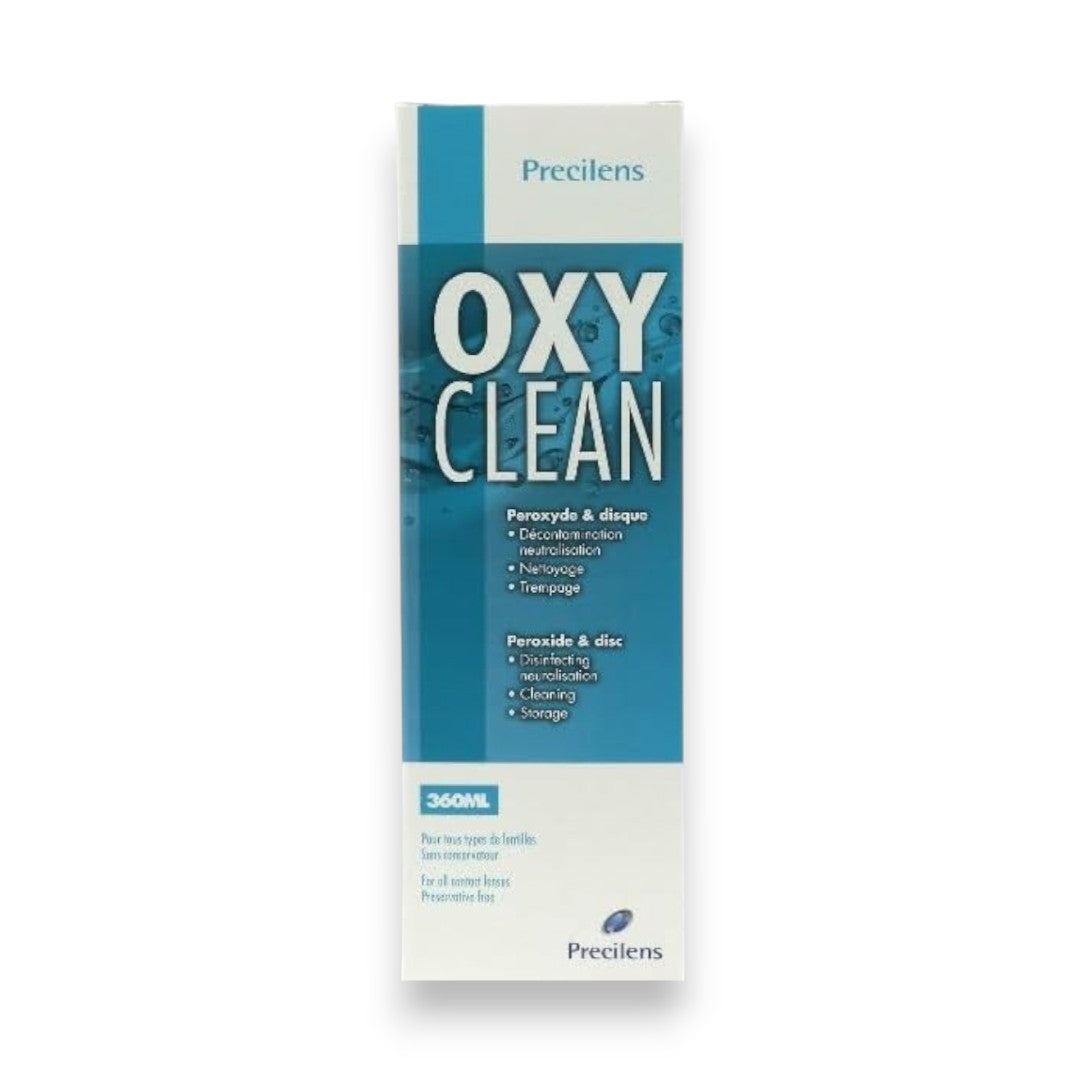 Boîte de solution d'entretien PRECILENS Oxyclean 360ml (Système oxydant) avec boîtier de neutralisation, pour lentilles sans conservateur.