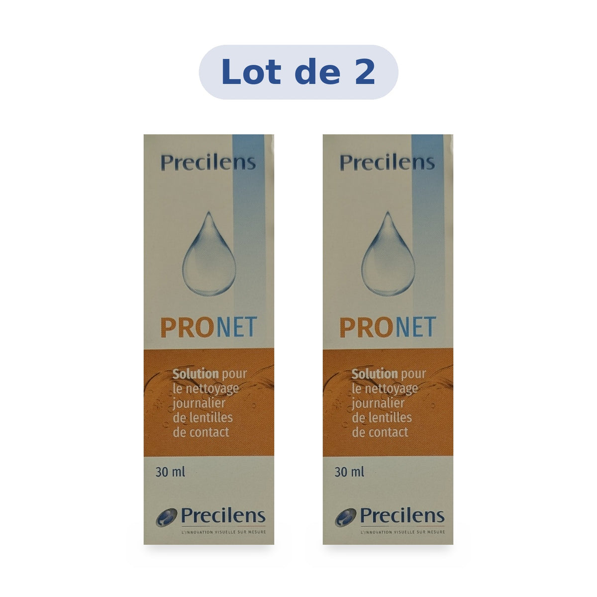 Lot de 2 flacons Precilens PRONET 30 ml, solution de nettoyage journalier pour lentilles de contact