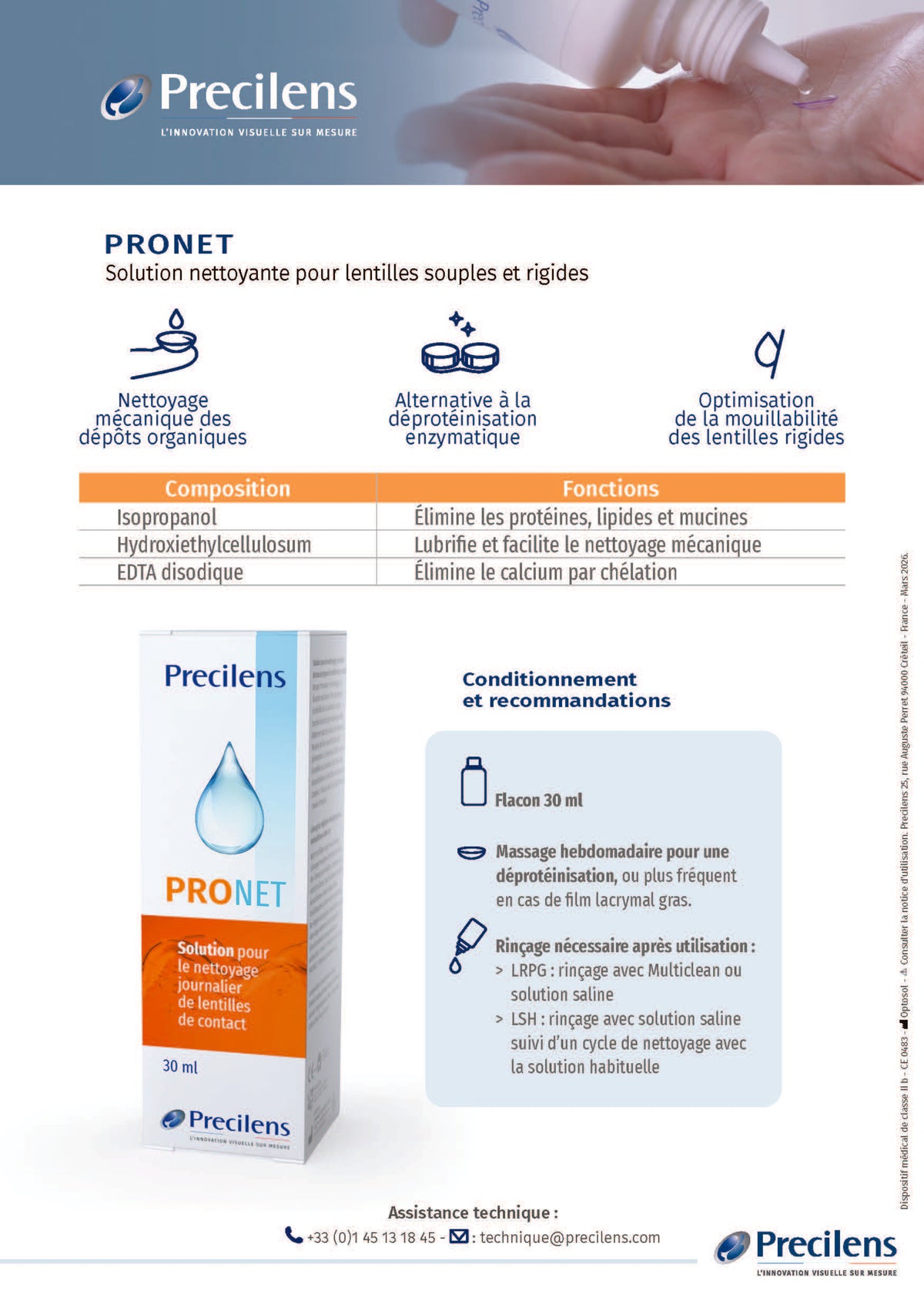 Precilens PRONET – Solution nettoyante lentilles souples et rigides – 30 ml