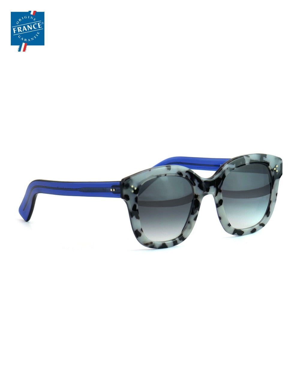 Lunettes de soleil Marmillon FMS.0117 Éclats noir et nuage, branche bleue, vue de côté - Origine France Garantie